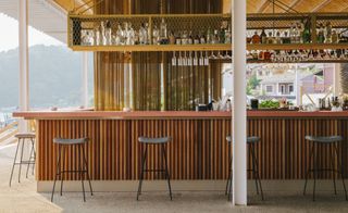 Bar area of Pazuzu Beach Club restaurant in Corfu
