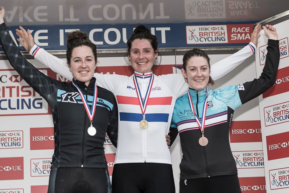 Bethany Crumpton (Boot Out Breast Cancer CC), Nikki Brammeier (Boels Dolmans CT) and Hannah Payton (Team Kinesis UK)