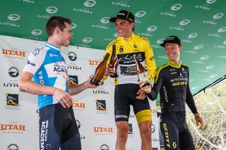 The top three for the week – Israel Cycling Academy's Ben Hermans in second place, overall winner Sepp Kuss (LottoNL-Jumbo) and third-placed Mitchelton-Scott's Jack Haig – celebrate on the podium at the end of the 2018 Tour of Utah