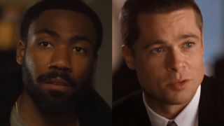 Donald Glover in Mr. and Mrs. Smith streaming series (2024), Brad Pitt in Mr. and Mrs. Smith film (2005) (side by side)