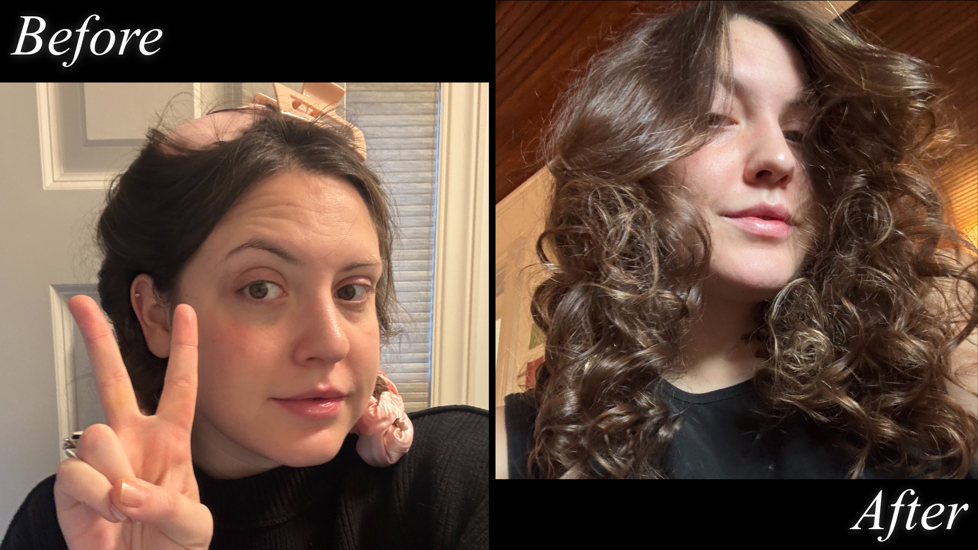 Sophia Vilensky before (during) and after testing one of the best heatless curlers.