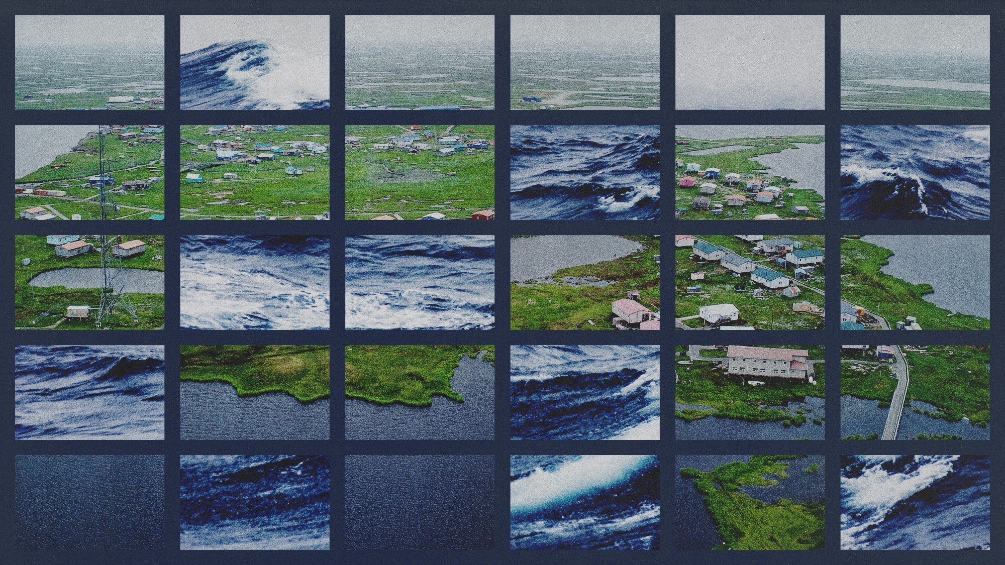 Photo composite of a village on Alaska's west coast inundated with stormy seas