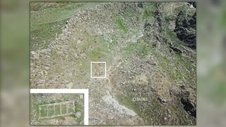 An aerial view of a fortress believed to be part of the lost city of Natounia, including the (A) Merquly settlement; and the (B) 'barracks' building.