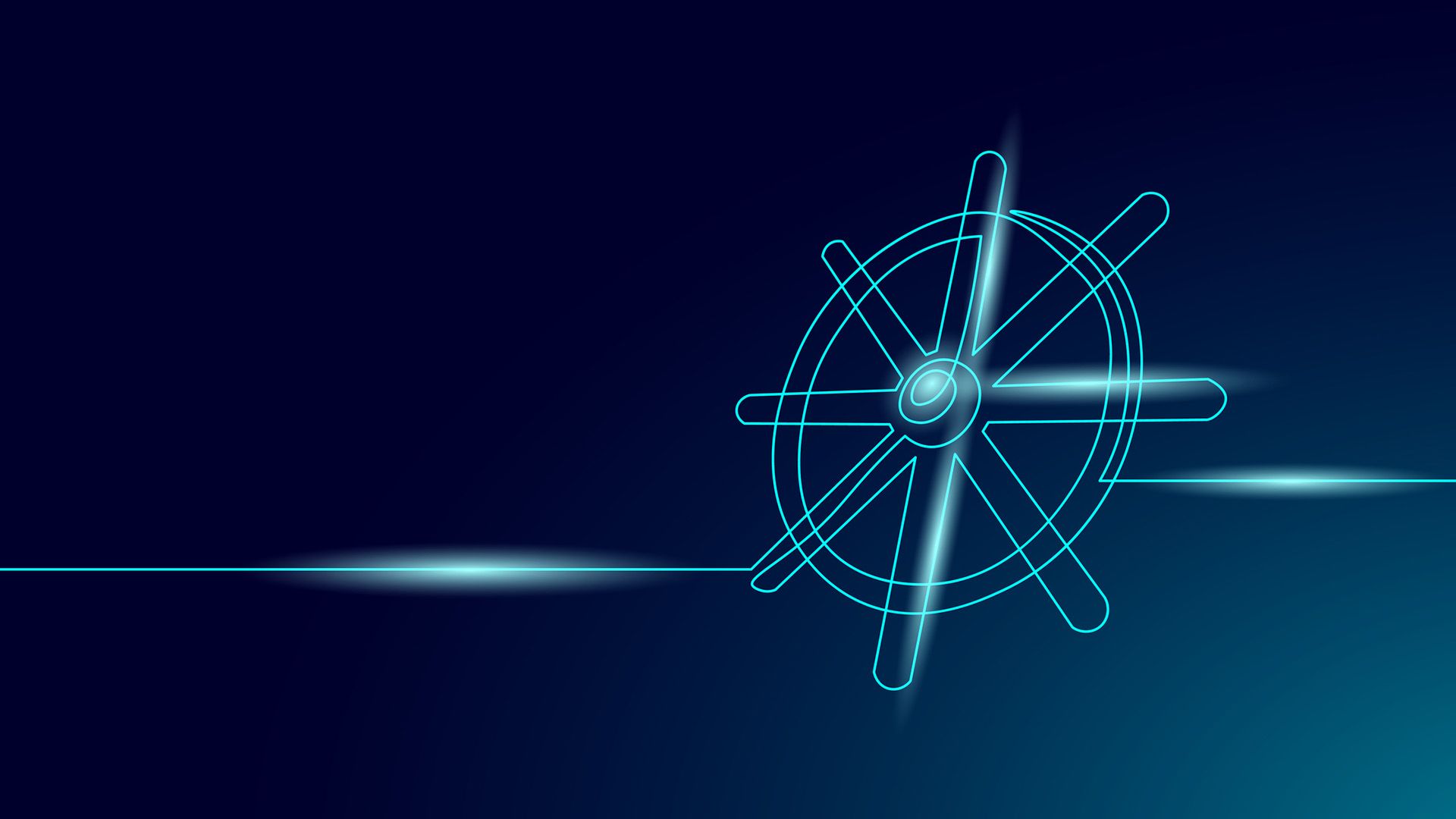 A CGI image of a holographic ship's wheel on a dark background, to represent Kubernetes.