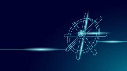 A CGI image of a holographic ship's wheel on a dark background, to represent Kubernetes.