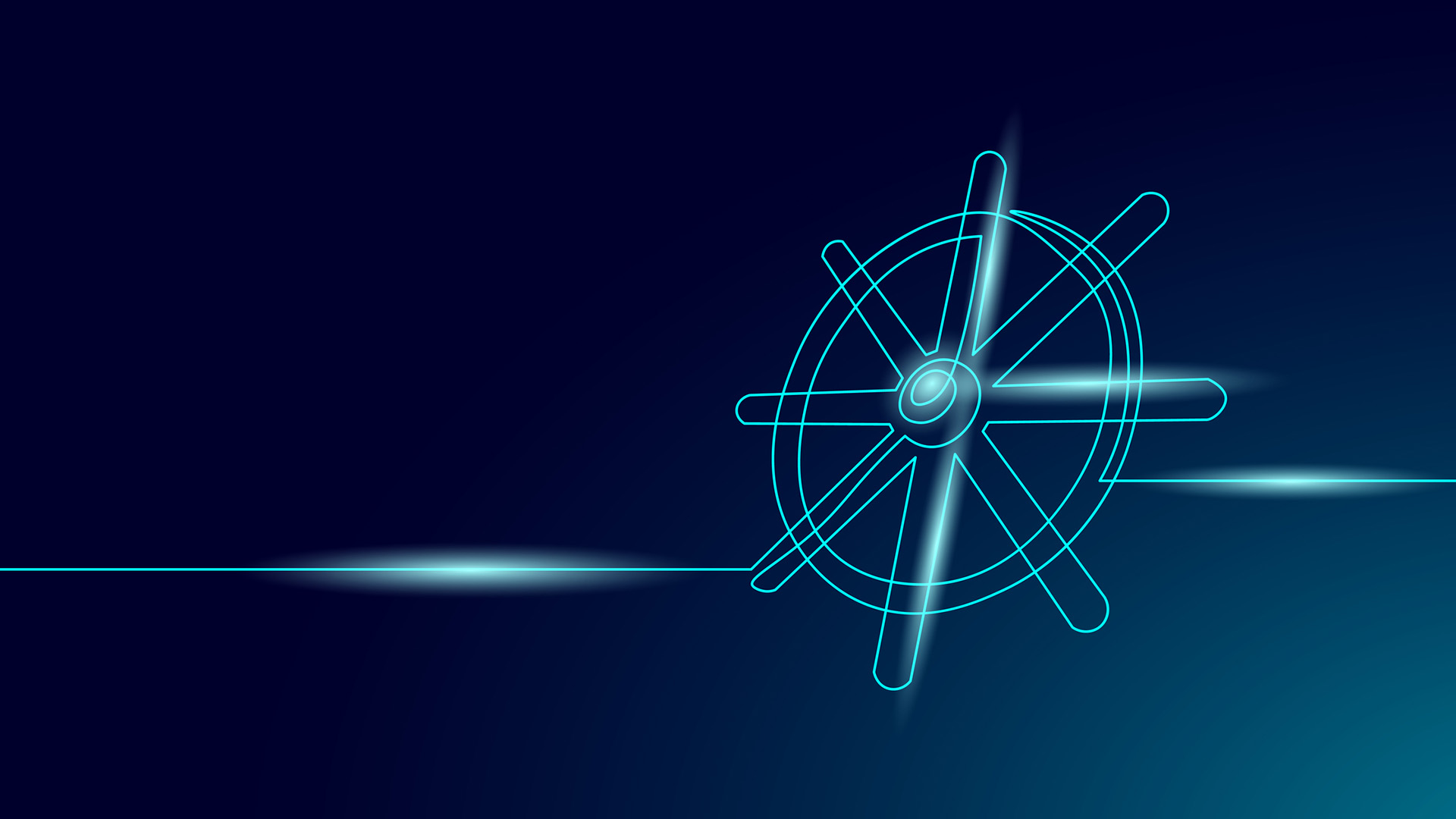 A CGI image of a holographic ship's wheel on a dark background, to represent Kubernetes.