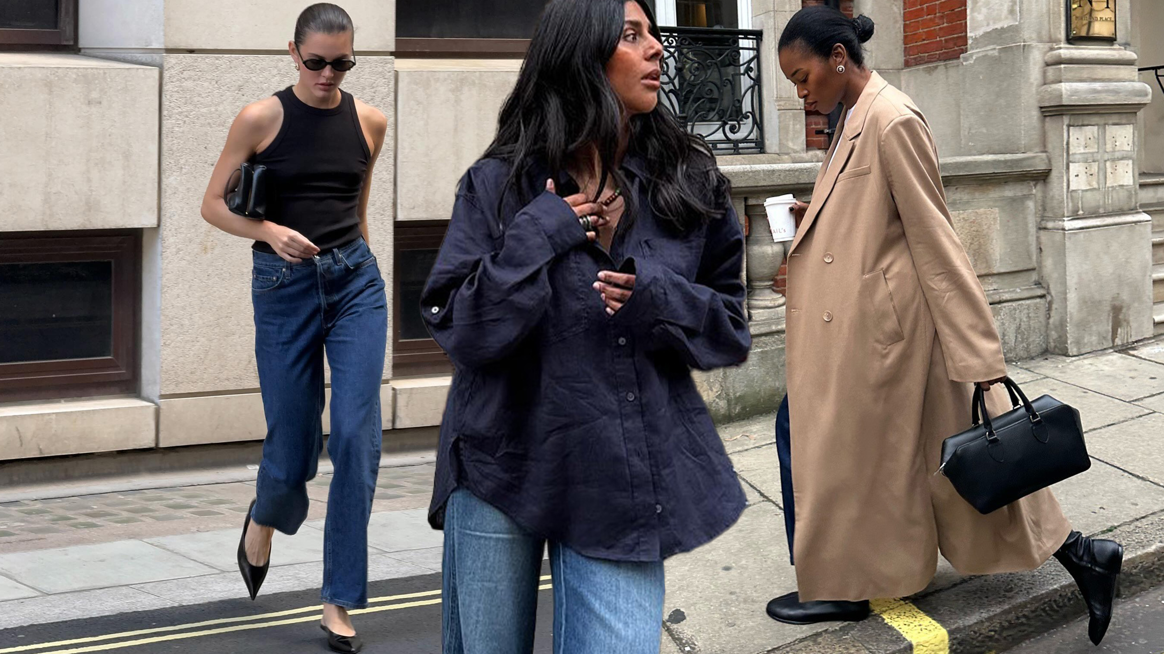 Denim and shoe combos are shown in a collage of British women's denim and shoe outfit ideas. 