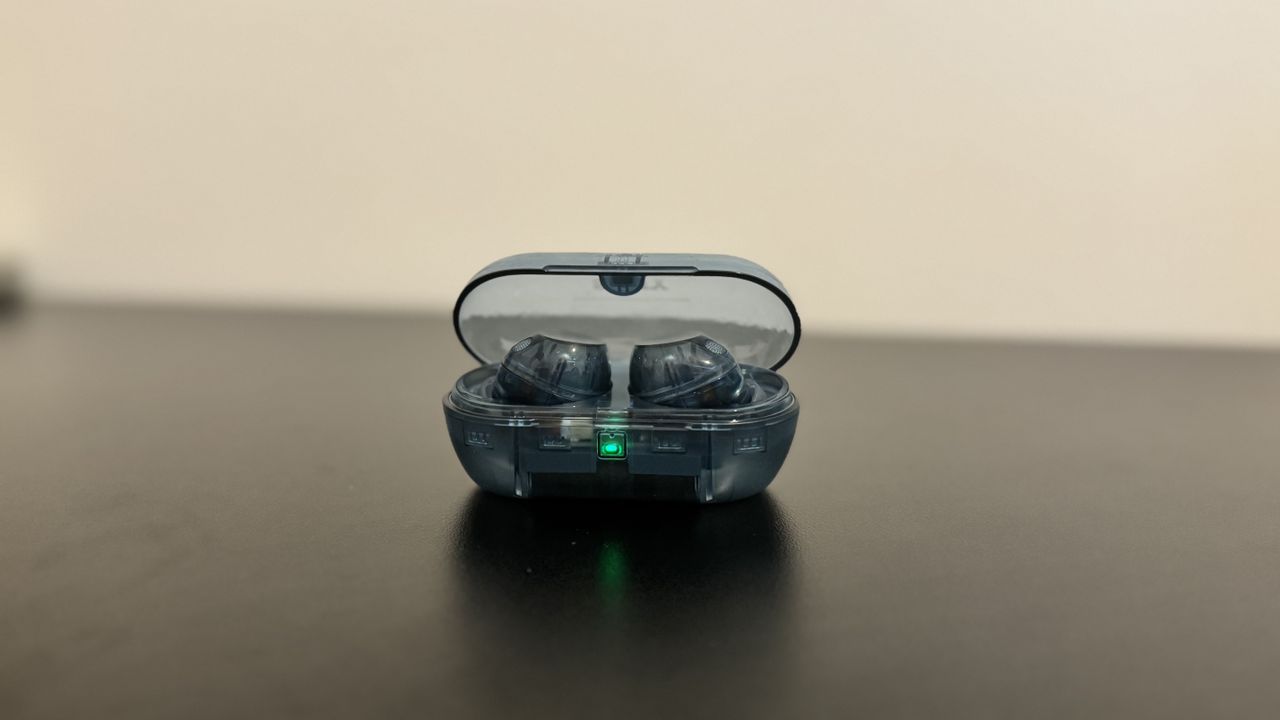Sony WF-C710N earbuds from the front, with the case open
