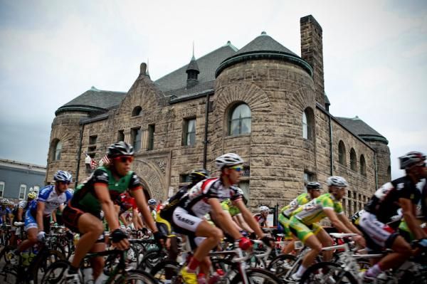 The men roll out of downtown Menomonie.