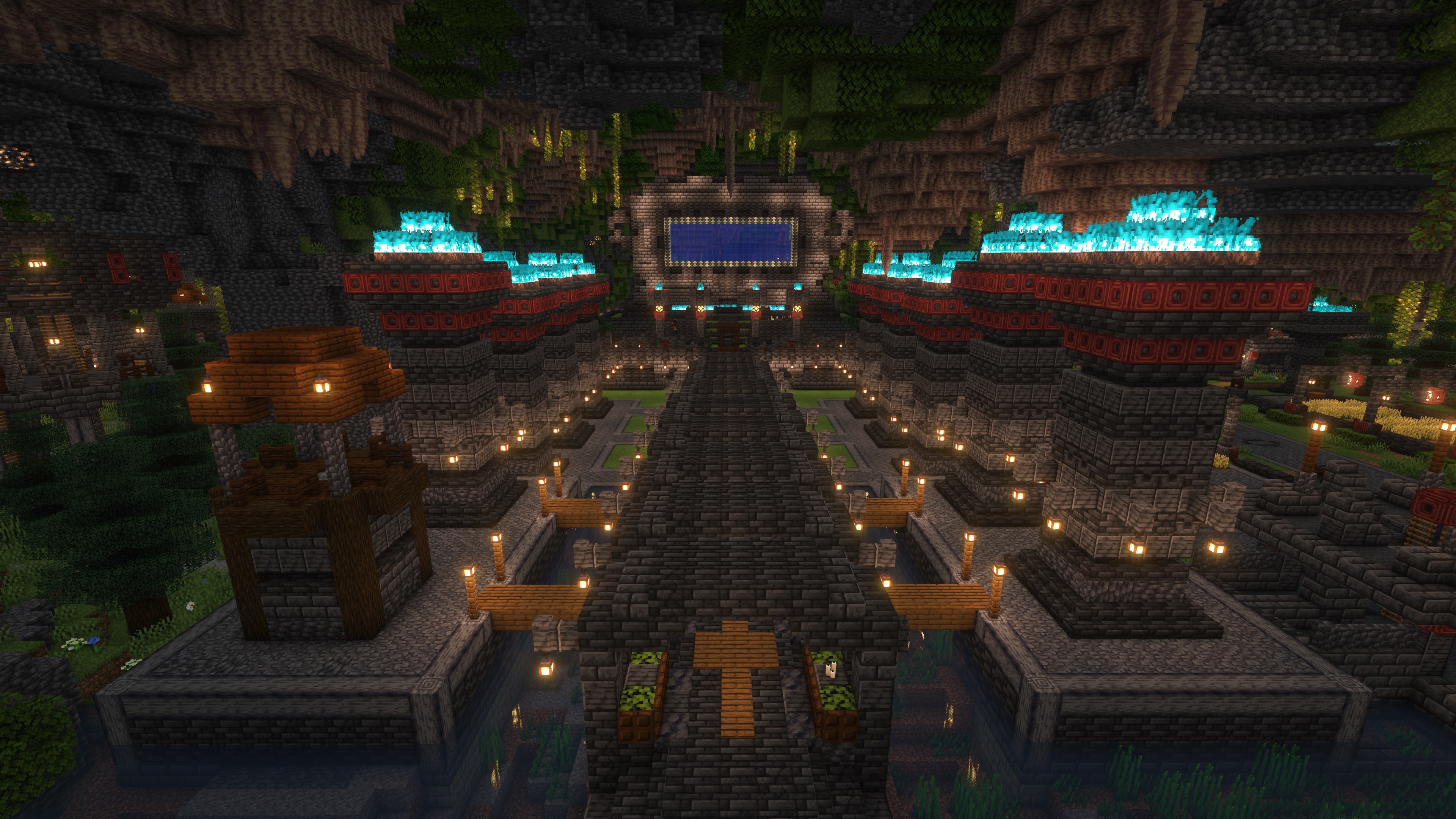 Minecraft ancient city build with a dark central portal and lit walkways leading up to it