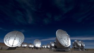 ALMA telescopes in the Atacama Desert. Numerous silver dishes line the desert landscape.