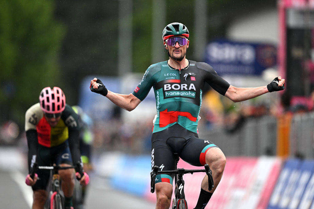 CASSANO MAGNAGO ITALY MAY 20 Nico Denz of Germany and Team BORA hansgrohe celebrates at finish line as stage winner during the 106th Giro dItalia 2023 Stage 14 a 194km stage from Sierre to Cassano Magnago UCIWT on May 20 2023 in Cassano Magnago Italy Photo by Stuart FranklinGetty Images