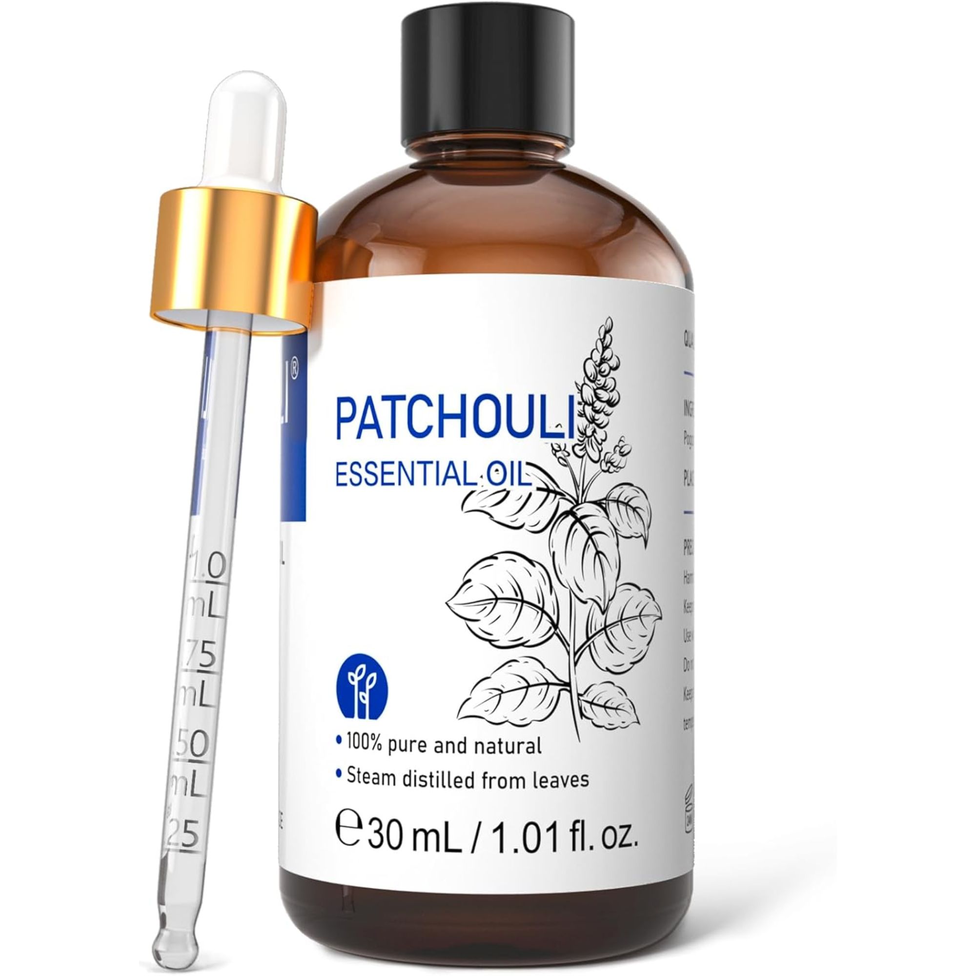 A brown bottle of patchouli essential oil with a white and blue label and pipette.
