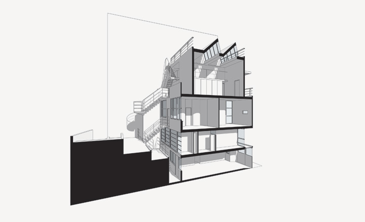 View of he north-south sectional perspective at Maison Planeix