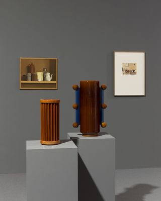 Ceramic vessels and artworks in gallery space, part of Mutina's An Ode to Things exhibitions