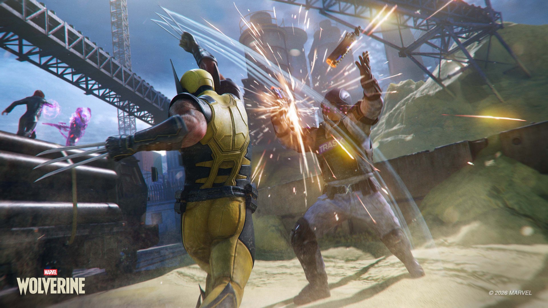 Logan uses his claws to disarm an enemy as Jean Grey fights another in the background Marvel's Wolverine