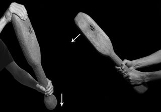 The striker administered two types of blows: the pommel strike and the double-handed strike. The arrows show the direction of his swing.