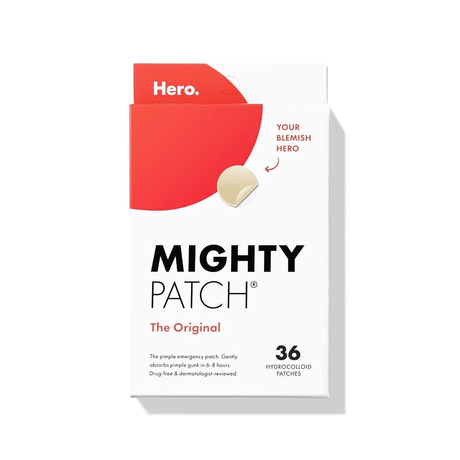 Mighty Patch, Mighty Patch™ Original Patch From Hero Cosmetics – the #1 Hydrocolloid Acne Pimple Patch for Shrinking Zits and Whiteheads in 1 Use; Nighttime Spot Stickers for Face and Skin (36 Count)