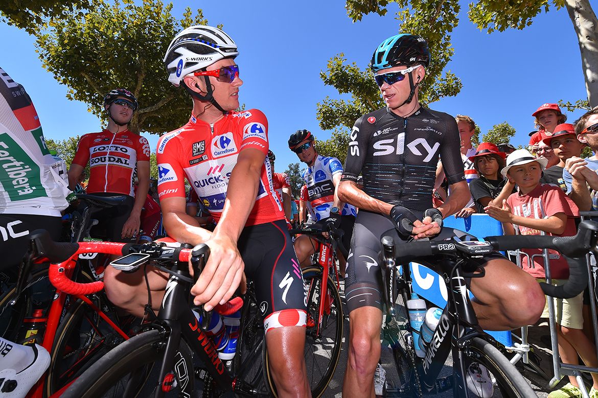Yves Lampaert and Chris Froome ahead of the start of stage 3 of the Vuelta a Espana