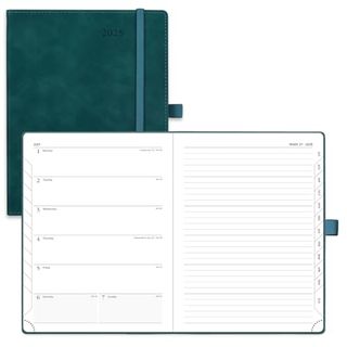 Poprun Planner 2025 (6.5'' X 8.5'') 2025 Weekly & Monthly Calendar Notebook for Time Management, Leather Soft Cover, Monthly Tabs, Inner Pocket, 100gsm Thick Paper - Petrol Green