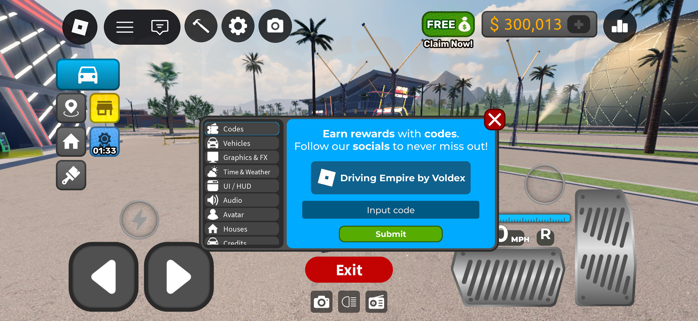 The menu to redeem Driving Empire codes