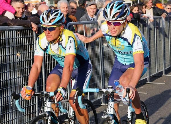 Astana teammates Alexandre Vinokourov, left, and Chris Horner finished the Giro di Lombardia in 7th and 12th place respectively, eight seconds behind winner Philippe Gilbert.