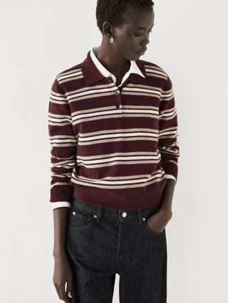 100% Cashmere Striped Knit Polo Sweater