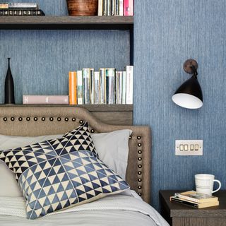 design rules for small bedrooms, blue bedroom blue textured wallpaper, alcove shelving behind headboard