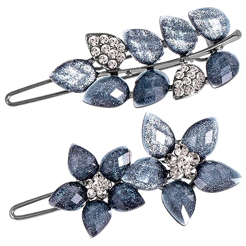 Hinzic 2pcs 2inch Vintage Rhinestone Hair Clips Ink-Blue Sparkly Crystal Clips Flower Small Hair Barrettes Decorative Wedding Engagement Prom Valentines Hair Accessories for Women Girls Bride