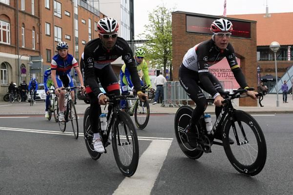 RadioShack-Nissan's Daniele Bennati and Giocomo Nizzolo on the time trial course in Herning, Denmark.