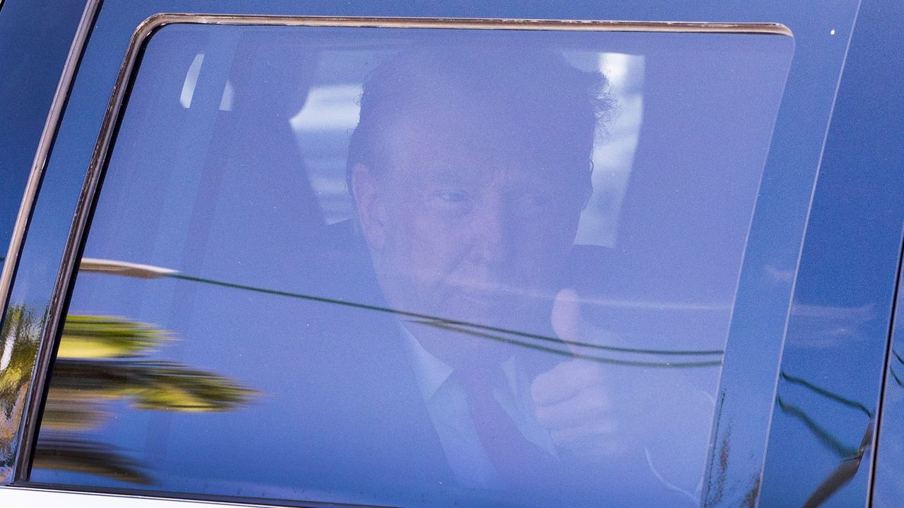 Donald Trump is driven from the Alto Lee Adams Sr. U.S. Courthouse on March 14, 2024 in Fort Pierce, Florida. Trump visited the courthouse for his case in front of District Judge Aileen Cannon regarding his criminal case related to taking classified records when he left the White House in January 2021.