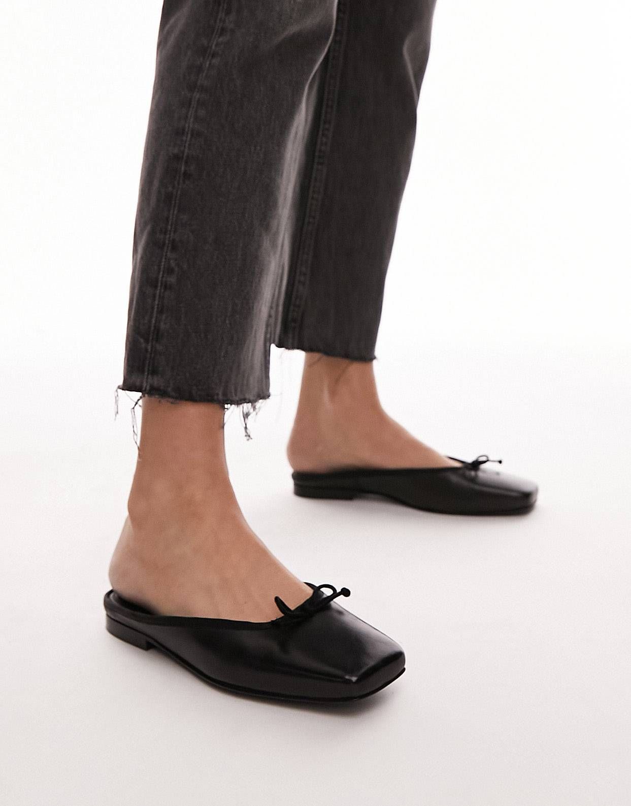 Topshop Bali Leather Square Toe Ballet Mules in Black