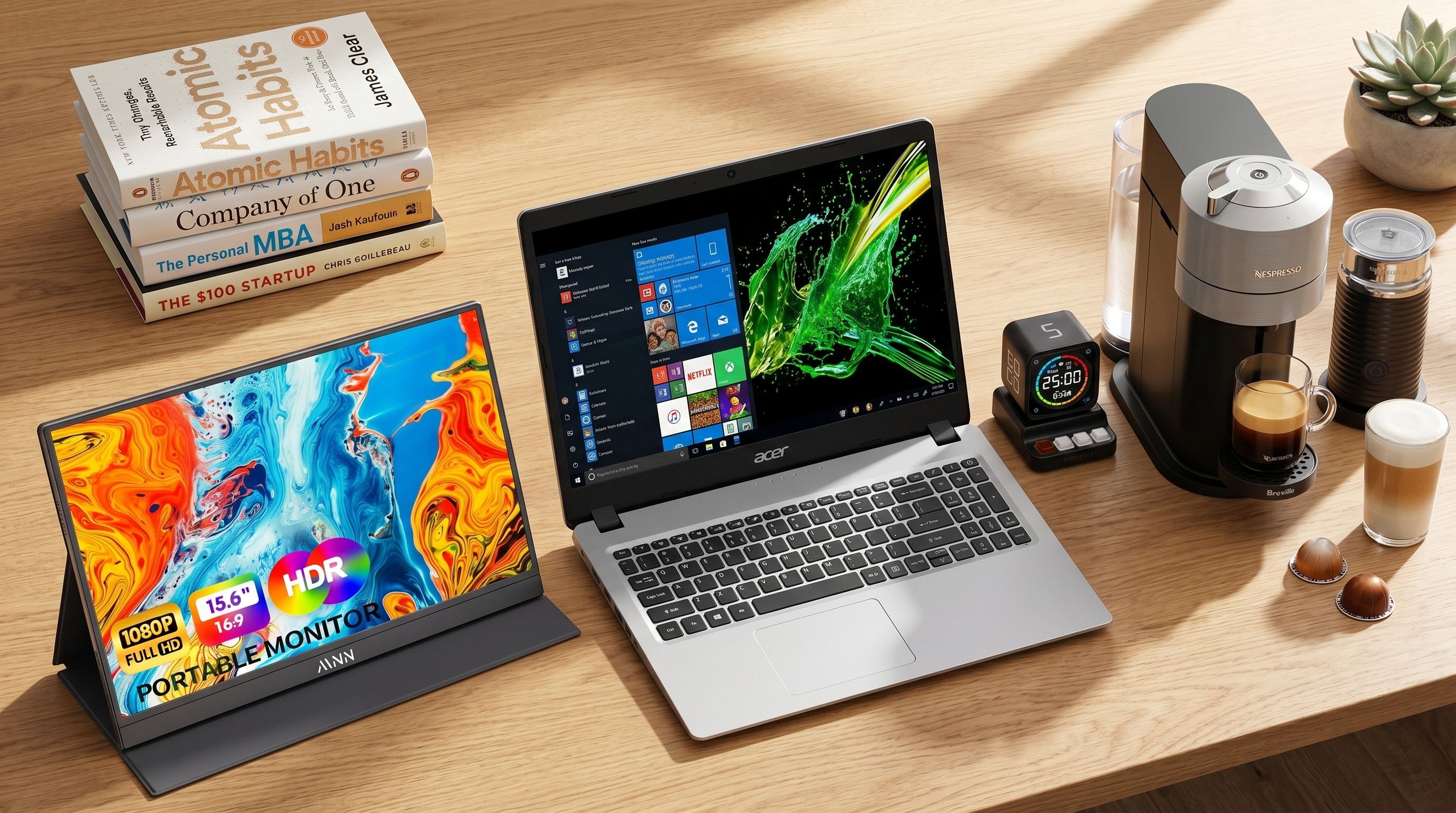laptop, coffee maxching and books on a desk