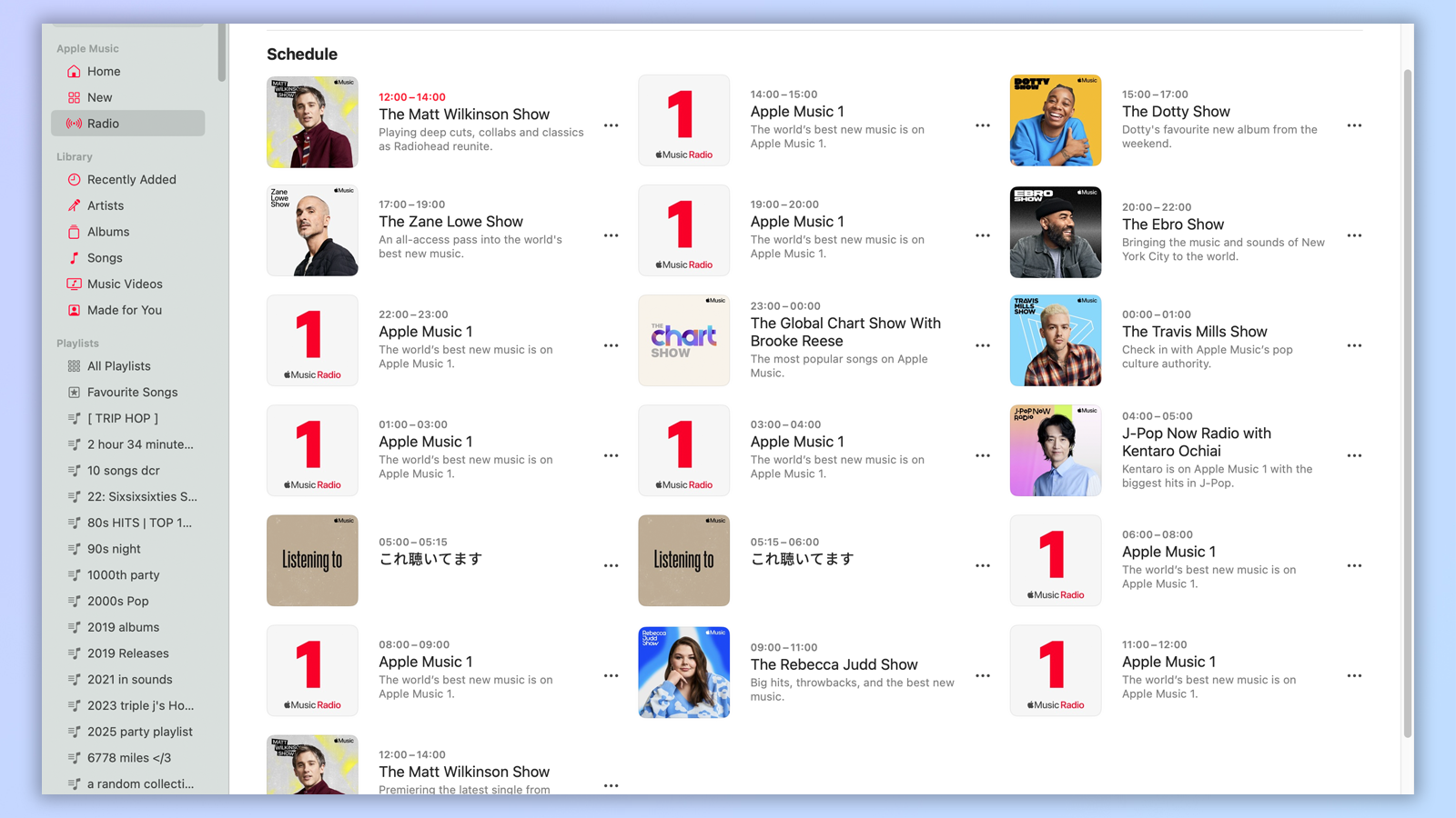 the apple music radio schedule showing the range of genres and times
