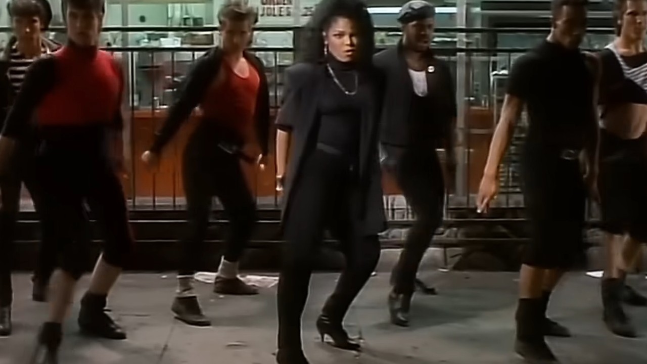 Janet Jackson dancing in the center for the video "Nasty"
