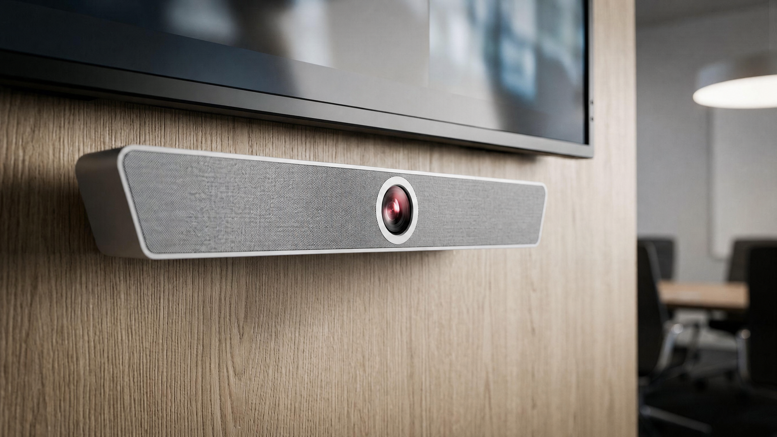 The new CP-PVOT-C1622 dual lens camera under a display in a conference room.