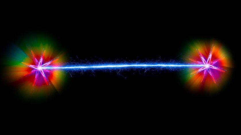 Conceptual artwork of a pair of entangled quantum particles or events (left and right) interacting at a distance.