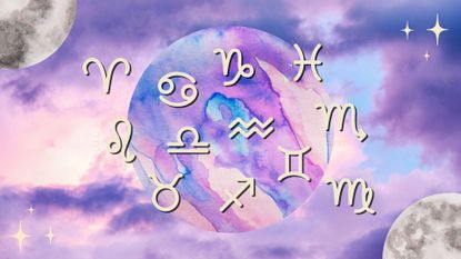 The zodiac signs and the full moon against a sky with purple clouds 
