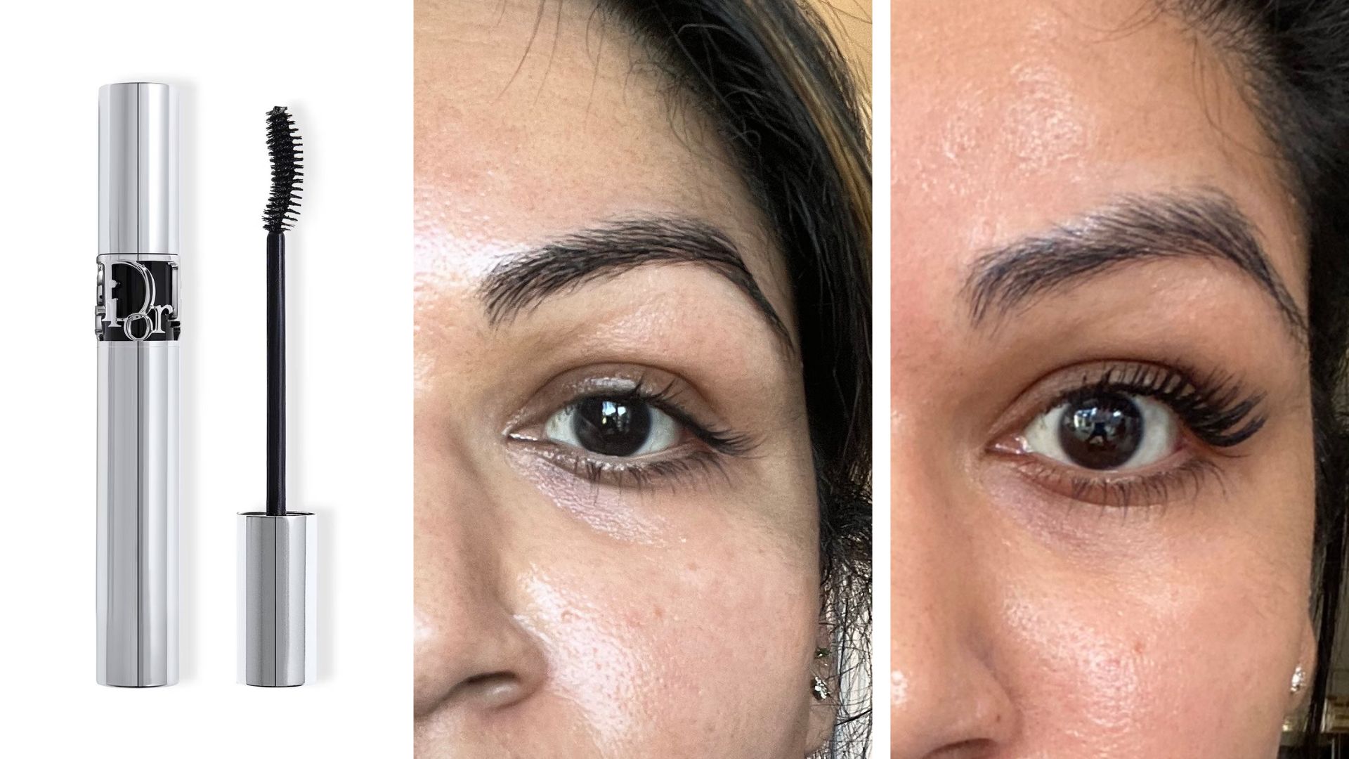 Aleesha Badkar&#039;s lashes before and after wearing Diorshow Iconic Overcurl Mascara, next to a product shot