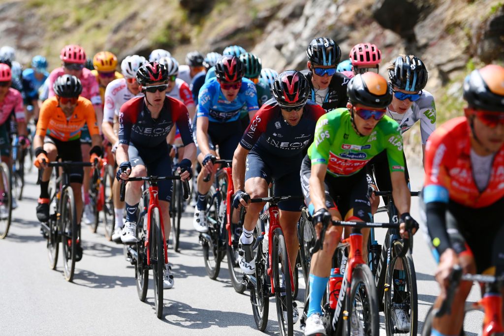 LIENZ AUSTRIA APRIL 21 LR Richie Porte of Australia and Team INEOS Grenadiers and Thymen Arensman of Netherlands and Team DSM white best young jersey compete during the 45th Tour of the Alps 2022 Stage 4 a 1424km stage from Villabassa to Kals am Grossglockner 1336m TouroftheAlps on April 21 2022 in Lienz Austria Photo by Tim de WaeleGetty Images