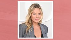 Kate Moss is seen with wavy blonde hair whilst attending the Dior Homme Menswear Spring/Summer 2025 show as part of Paris Fashion Week on June 21, 2024 in Paris, France/ in a pink-red template