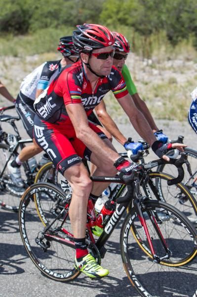 Cadel Evans (BMC) working hard on the climb.