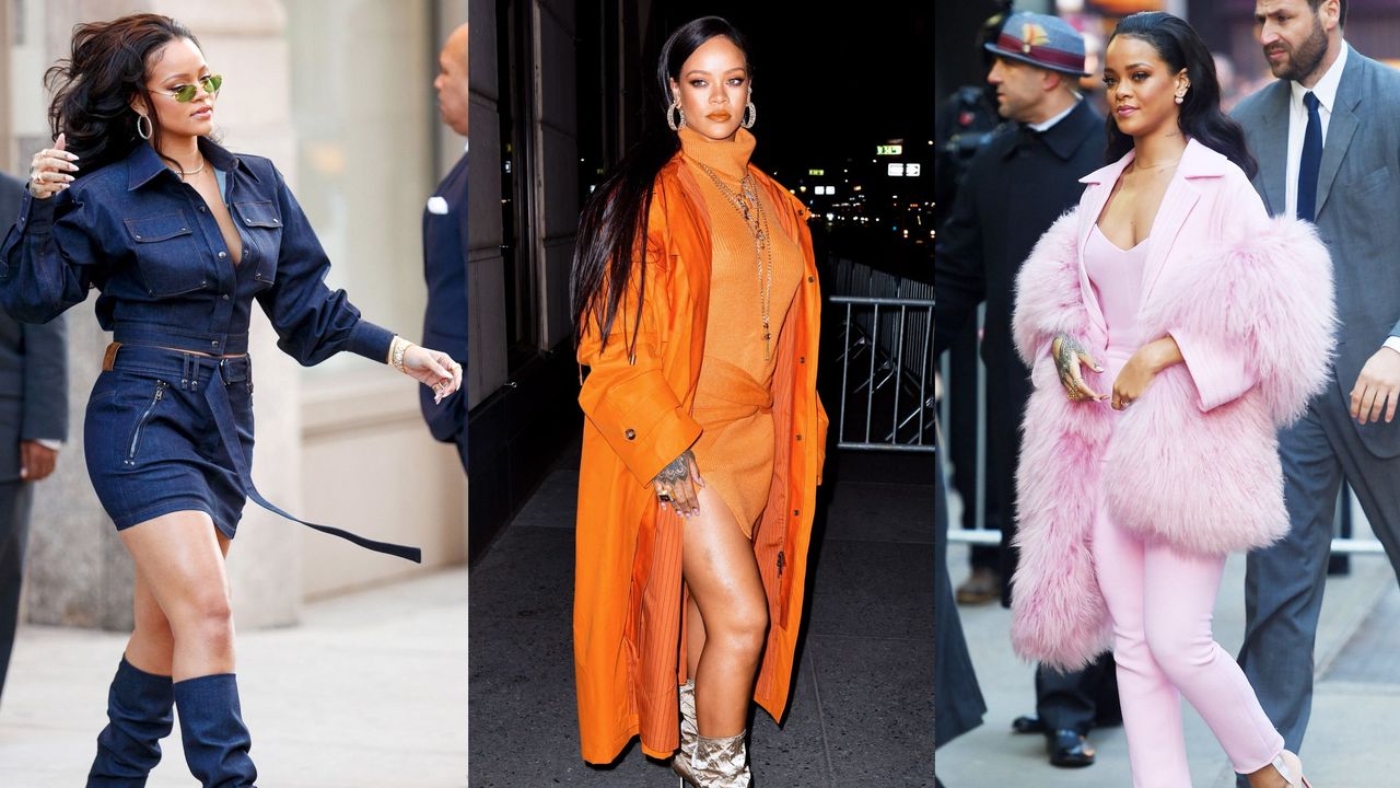 A collage of Rihanna wearing street style outfits