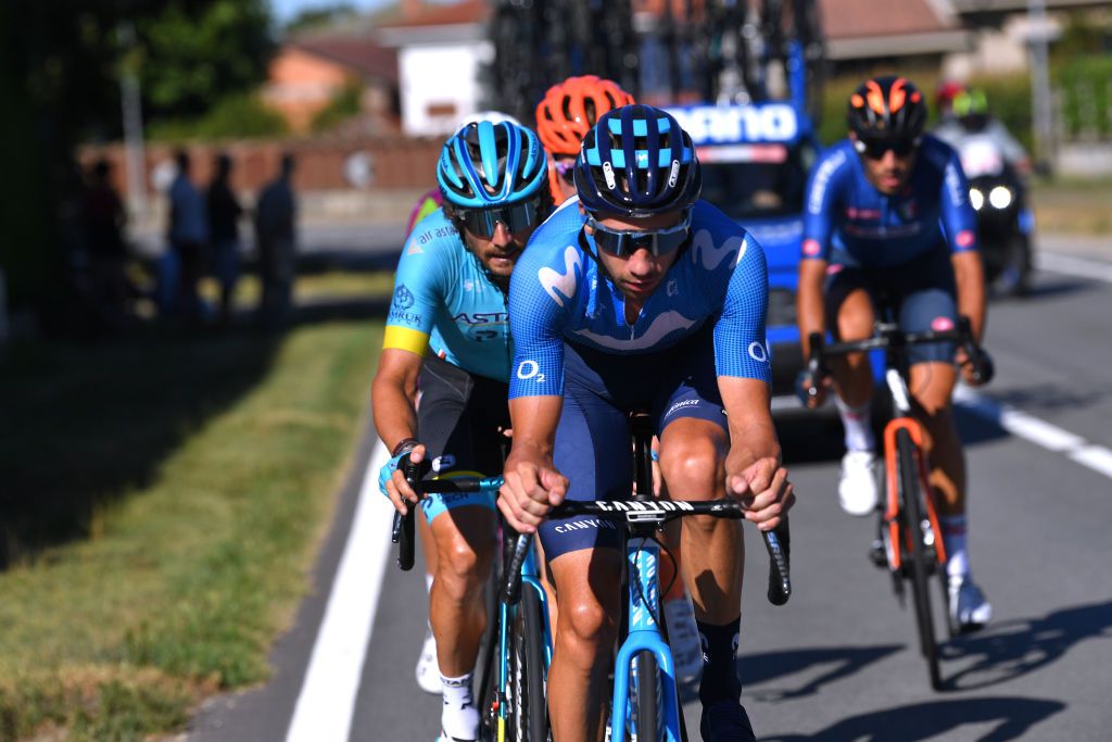 TURIN ITALY AUGUST 05 Davide Villella of Italy and Movistar Team Manuele Boaro of Italy and Astana Pro Team Breakaway during the 101st Milano Torino 2020 a 198km race from Mesero to Stupinigi Turin MilanoTorino on August 05 2020 in Stupinigi Turin Italy Photo by Tim de WaeleGetty Images