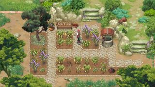 The player tends to a garden plot filled with colourful flowers and a well 