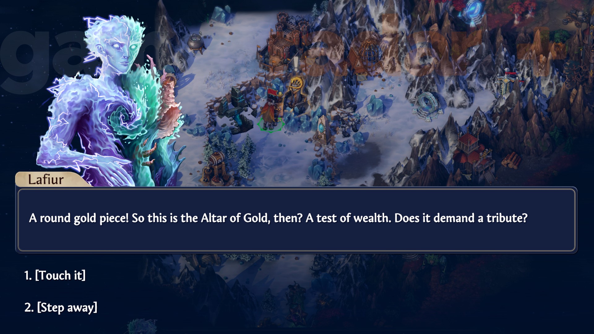 Lafiur wonders whether to touch the Olden Era Mearea Shrine or step away.