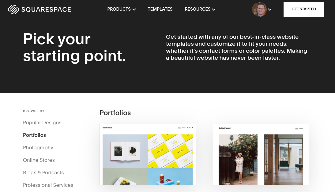 Squarespace template selection