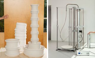 Left: clay prototypes in a variety of sizes. Right: ceramic 3D-printing machine