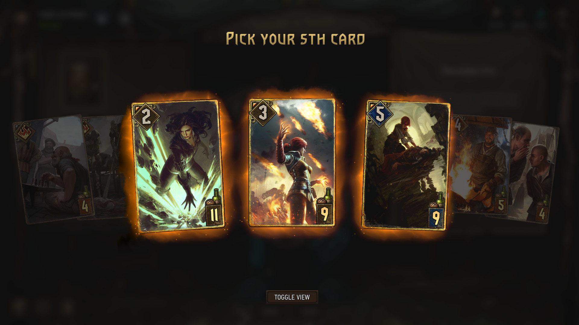 In Gwent The Witcher Card Game, a menu shows three cards to choose from to add as the fifth card to a hand, which include Yennefer, Triss, and a woman leaning over an injured man