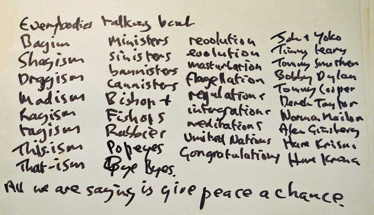 John Lennon&#039;s original hand-written lyrics for Give Peace A Chance